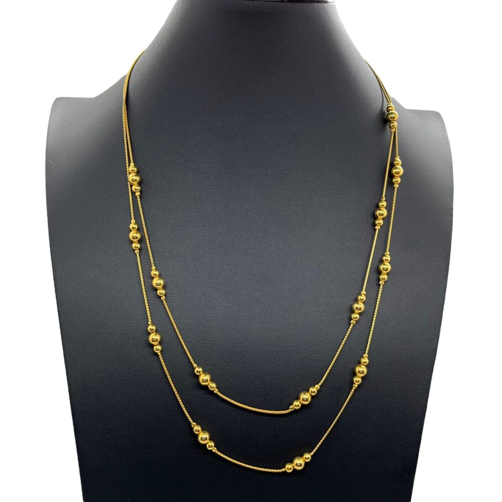 Avon Signed Double Strand Chain Necklace Metallic Beads Gold Tone 23" Vintage